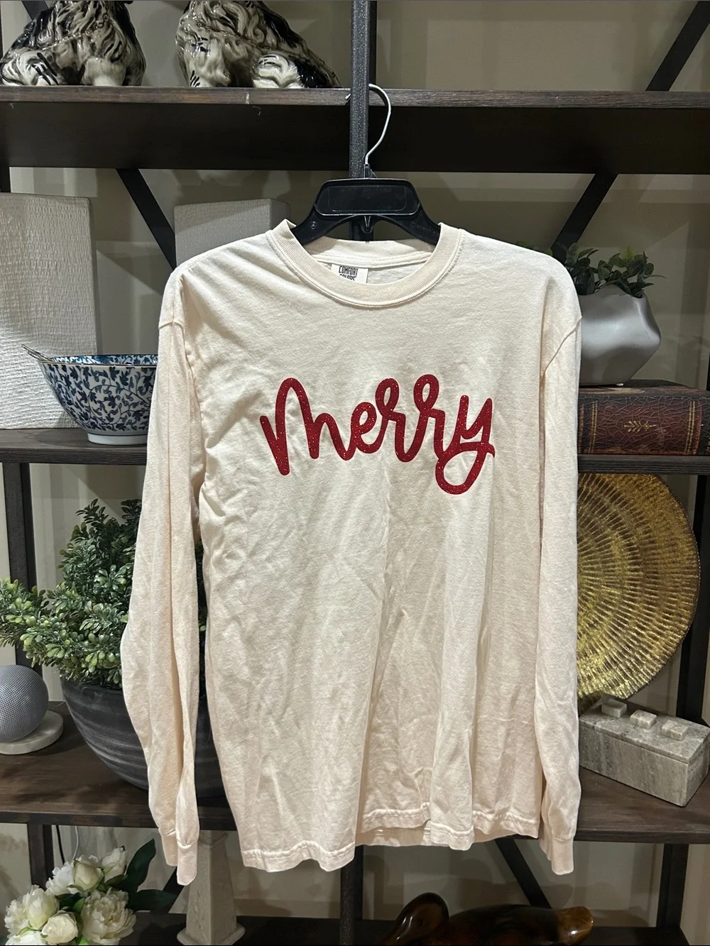 Comfort Colors -Merry Long-Sleeve Holiday Tee - Cream with Red Script - NWOT